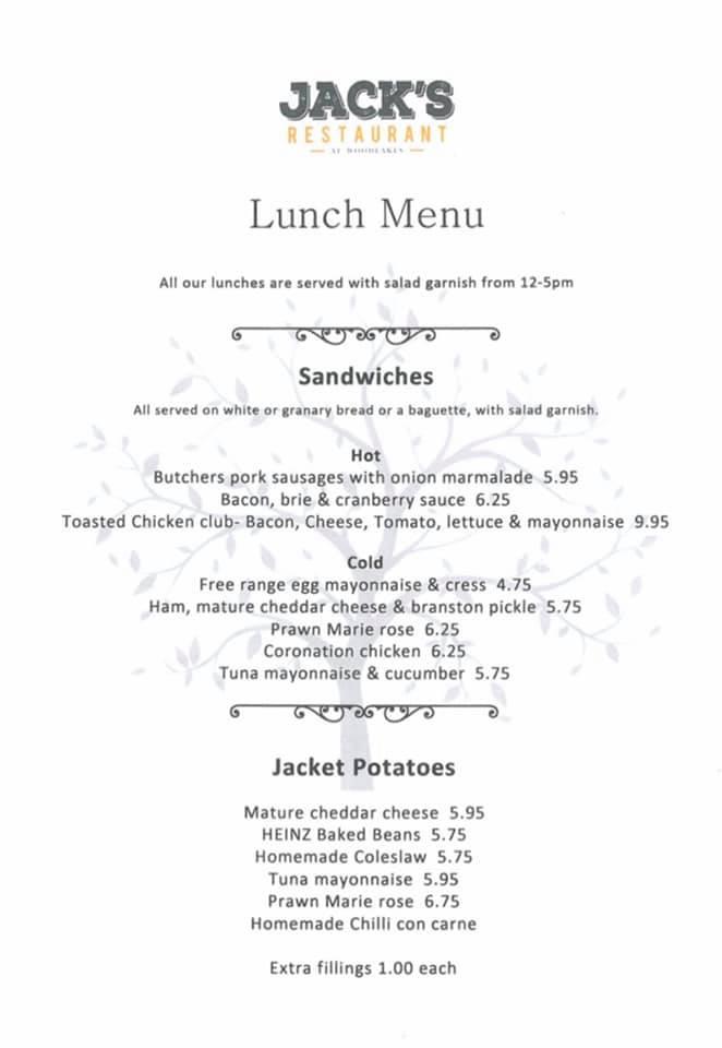 Menu at Jacks at Woodlakes restaurant, England