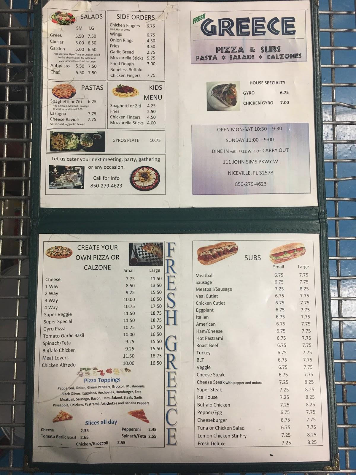 Menu at Fresh Greece Pizza & Grill pizzeria, Niceville