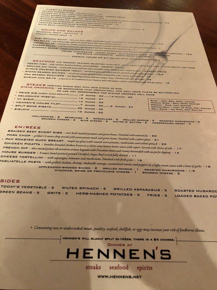 Menu at Hennen's pub & bar, Chattanooga