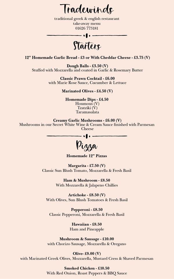 Menu at Trade Winds restaurant, Teignmouth