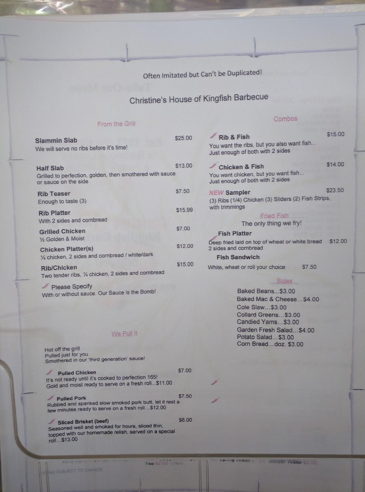 Menu at Christine’s House of Kingfish Barbecue, Shamong