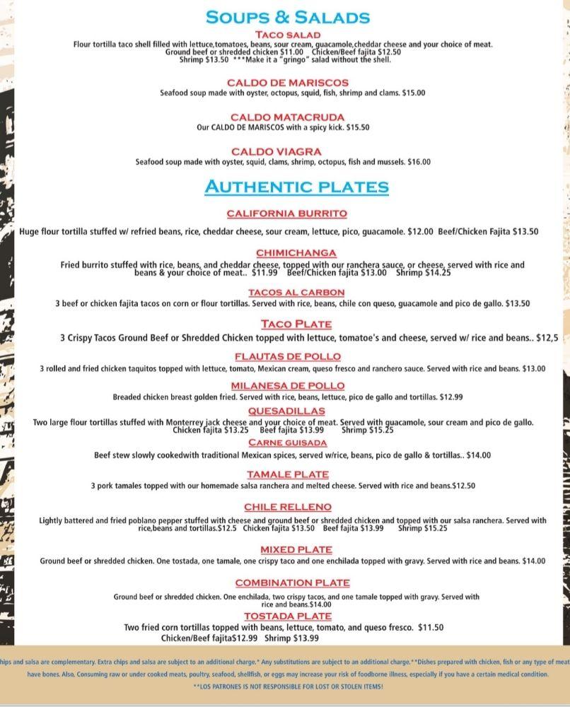 Menu at Los Patrones Fresh Mexican Cuisine restaurant, Galveston