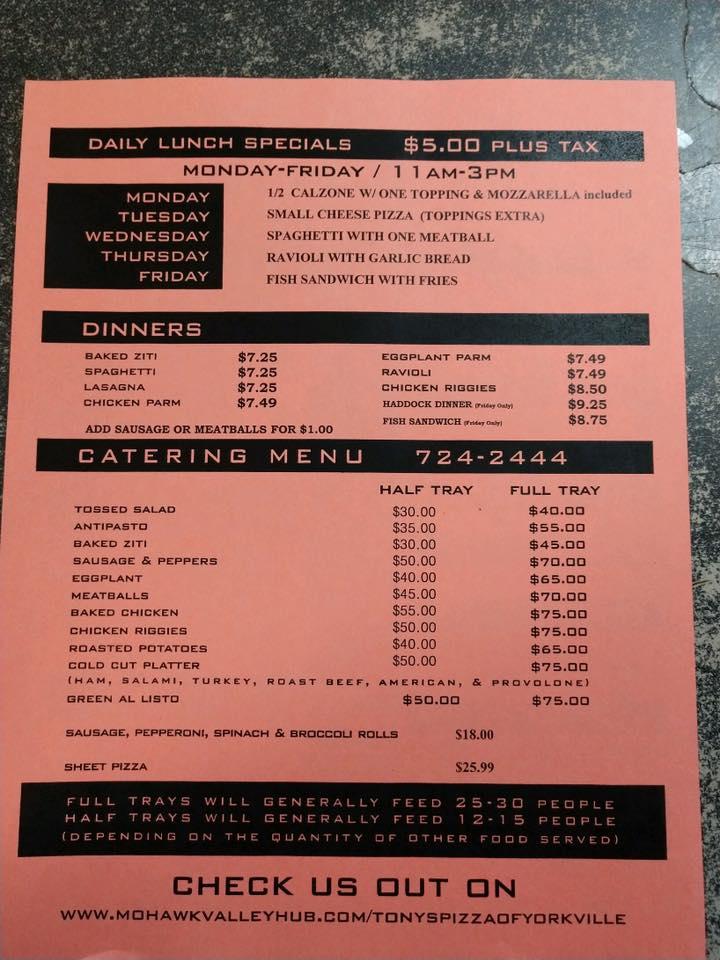Menu at Tony's Pizza of Yorkville pizzeria, Utica