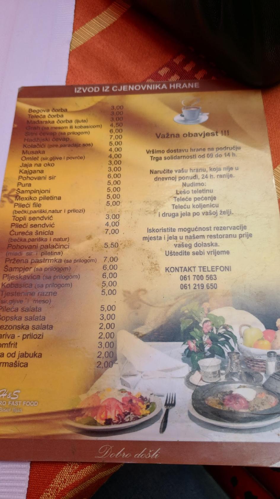 Menu at H&S restaurant, Sarajevo