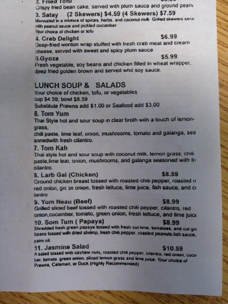 Menu at Jasmine Thai restaurant, Lacey