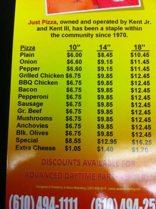 Menu at Just Pizza pizzeria, Chester
