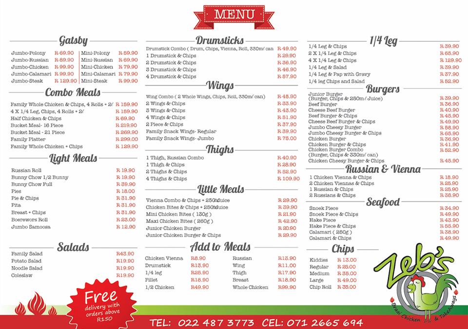 Menu at Zeb's Braai Chicken and Takeaways restaurant, Malmesbury