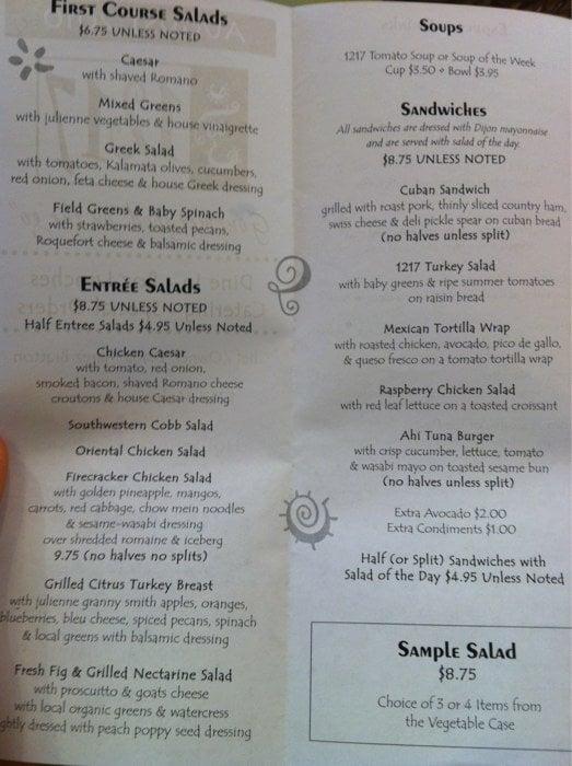 Menu at Cafe 1217, Hot Springs