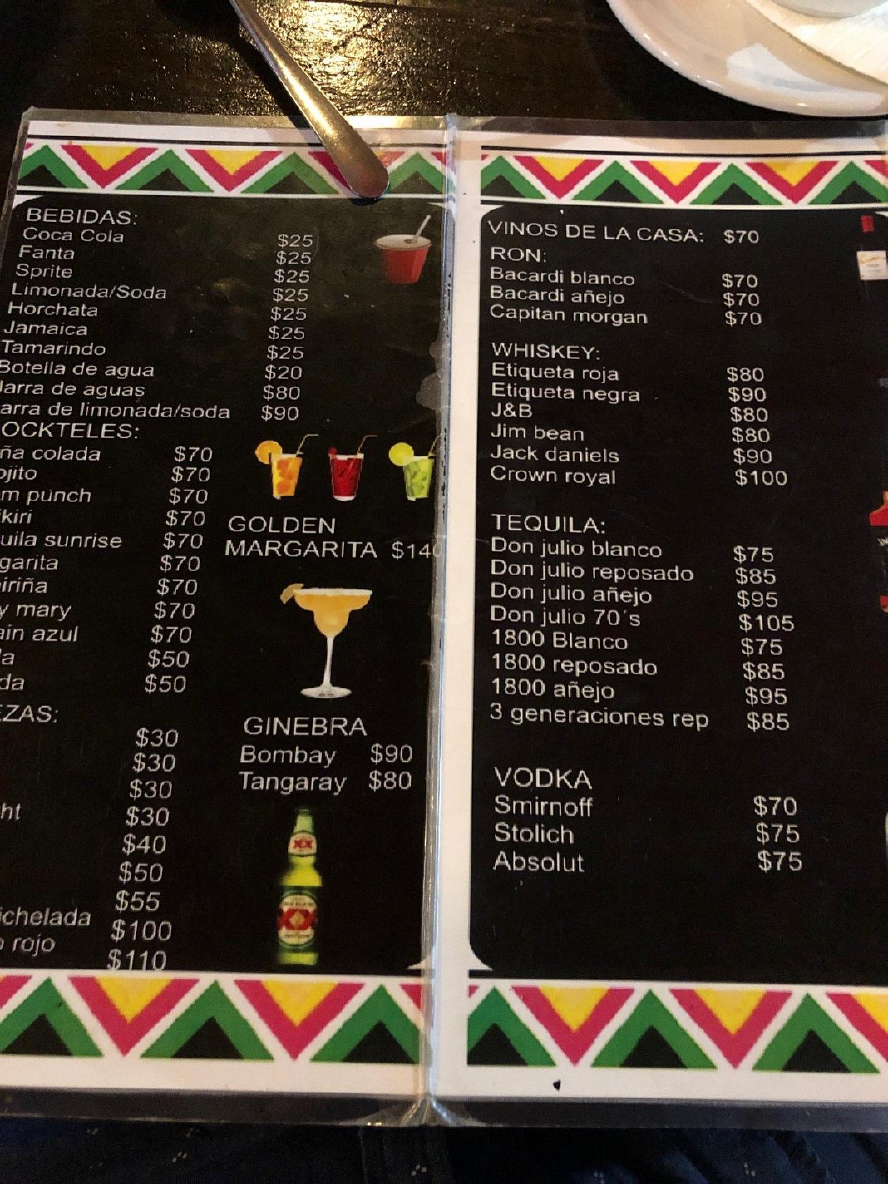 Menu at La Palapa restaurant, Chemuyil, Puma