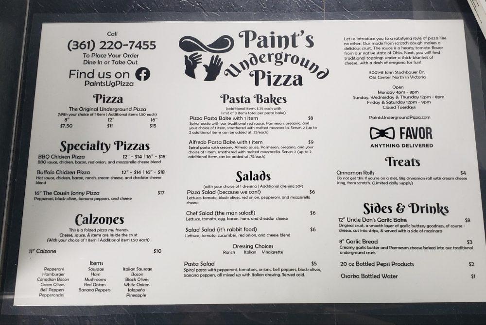 Menu at Paint's Underground Pizza pizzeria, Victoria