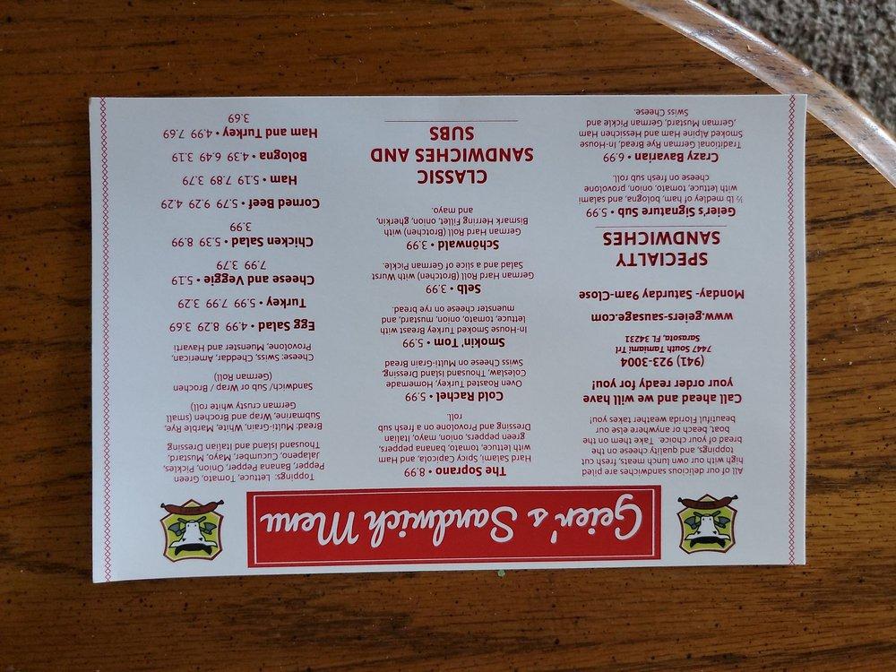 Menu at Geiers Sausage Kitchen restaurant, Sarasota, S Tamiami Trl