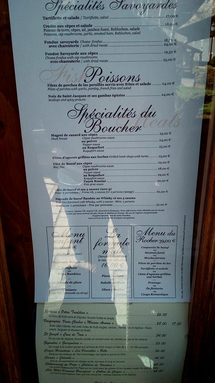 Menu at Le Rocher restaurant, Montriond