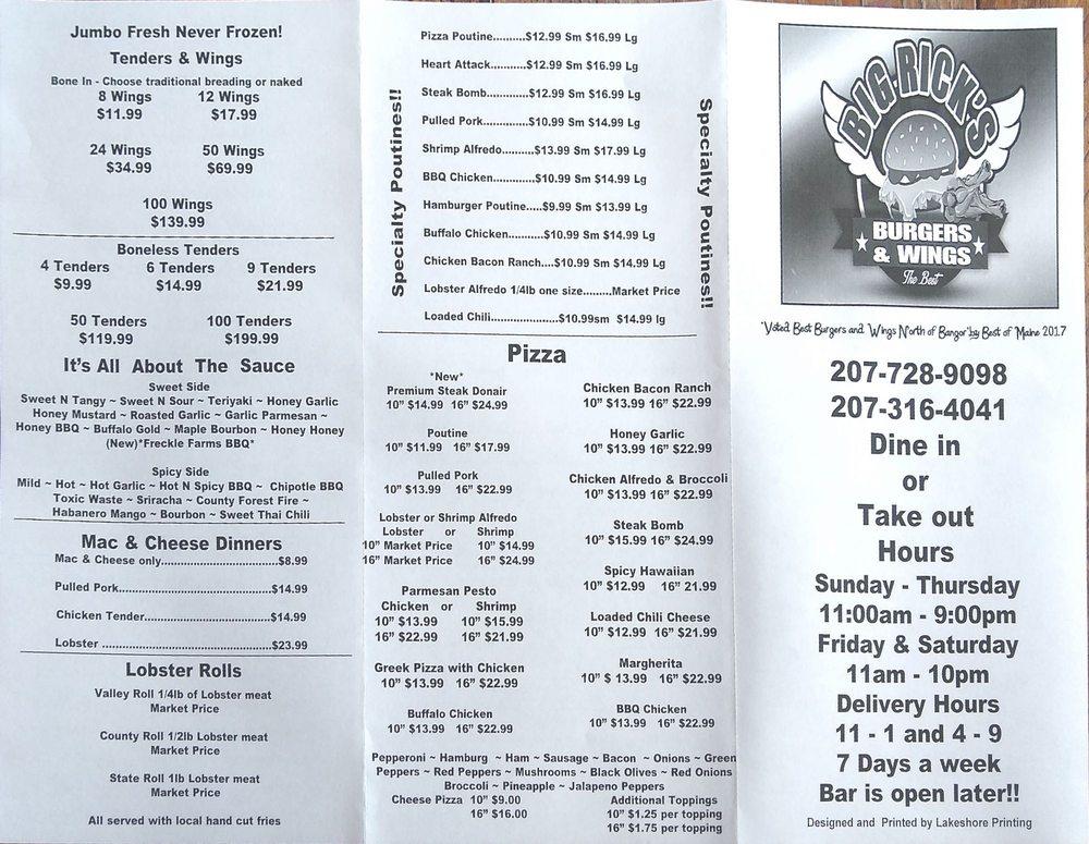 Menu at Big Ricks Burgers & Wings pub & bar, Madawaska