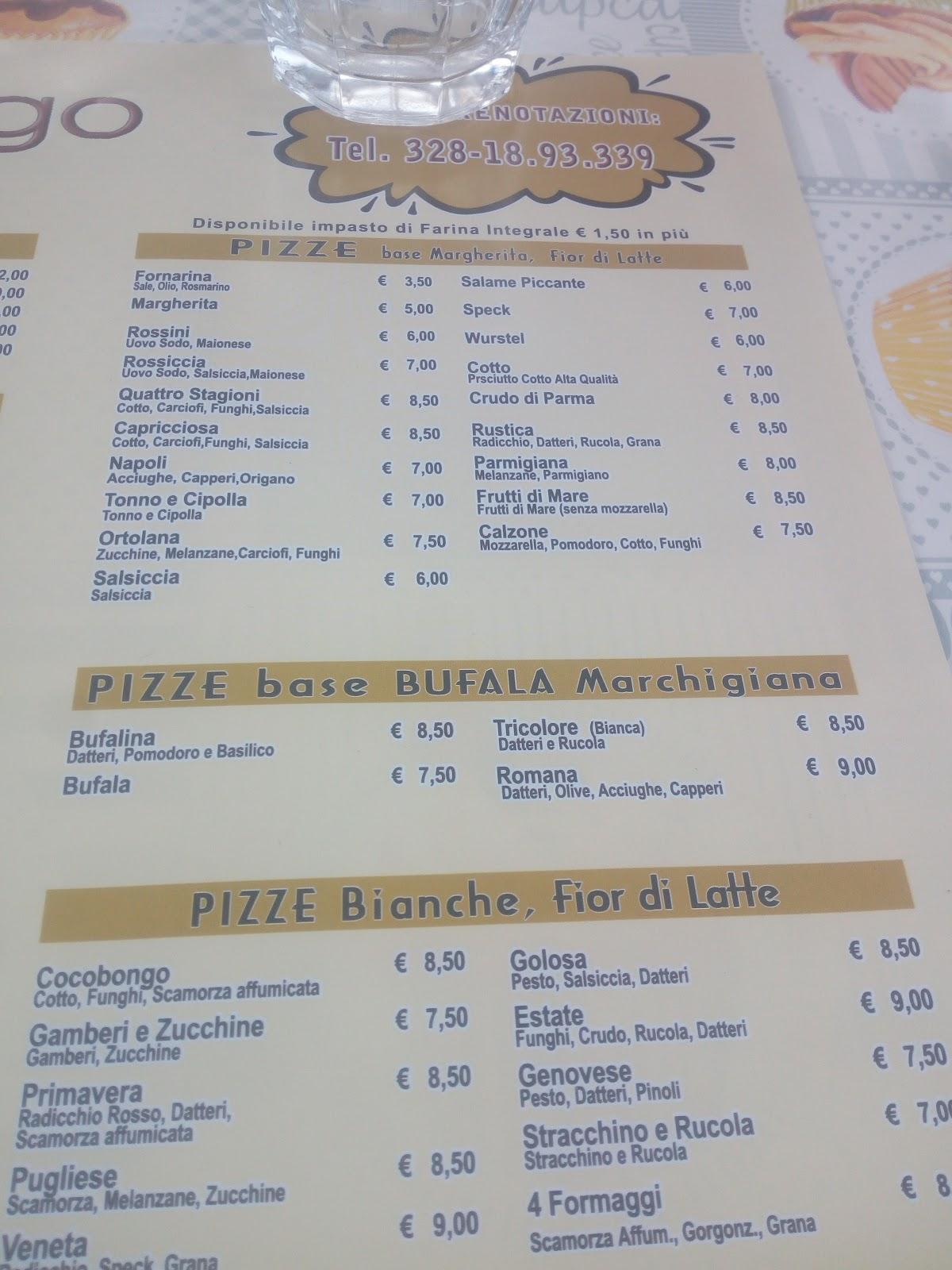 Menu at CocoBongo restaurant, Pesaro