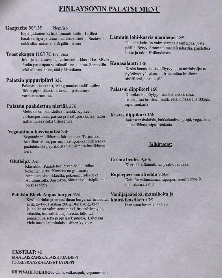 Menu at Finlayson Palace restaurant, Tampere