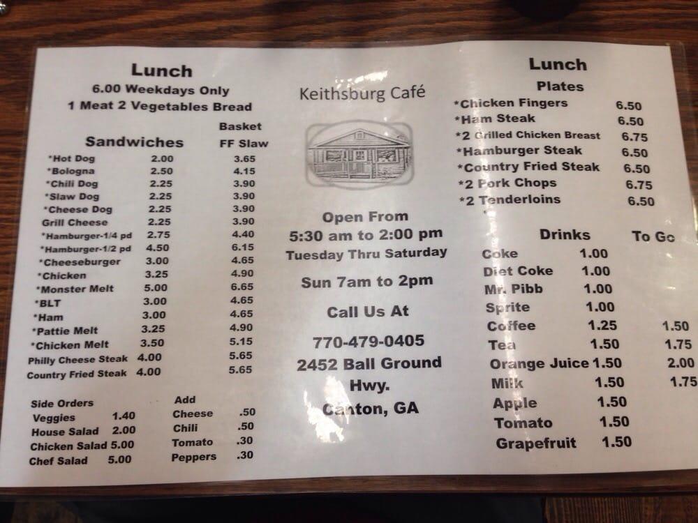 Menu at Keithsburg Cafe, Canton