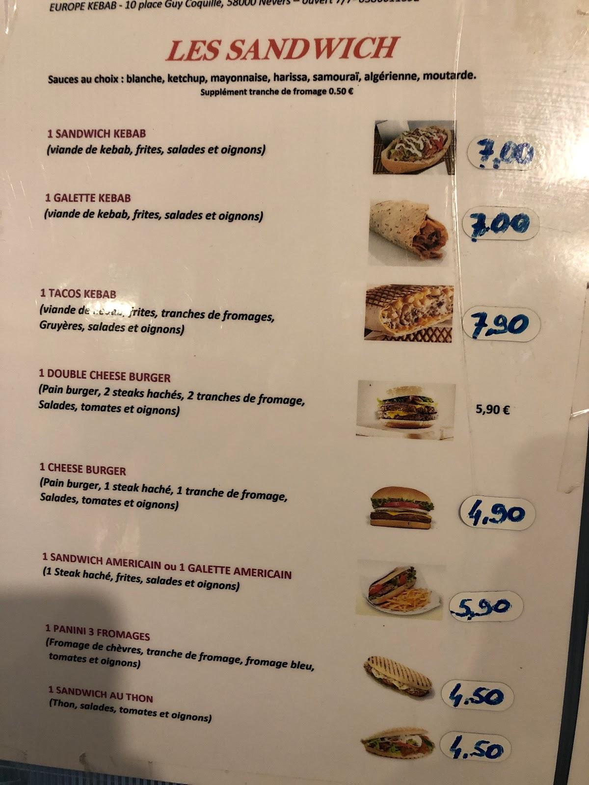 Menu at Sarl Europe Kebab pub & bar, Nevers