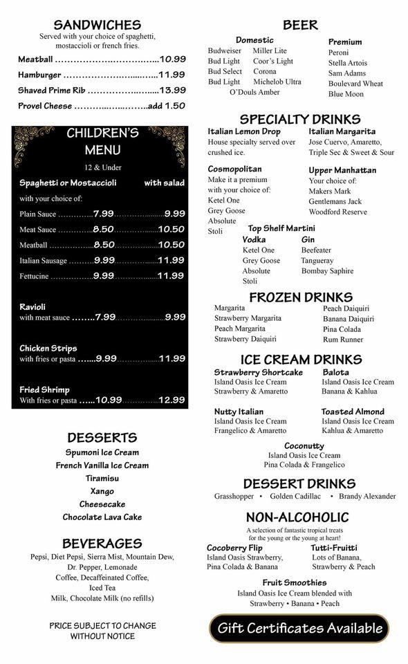 Menu at Domenico's Italian Restaurant, Osage Beach