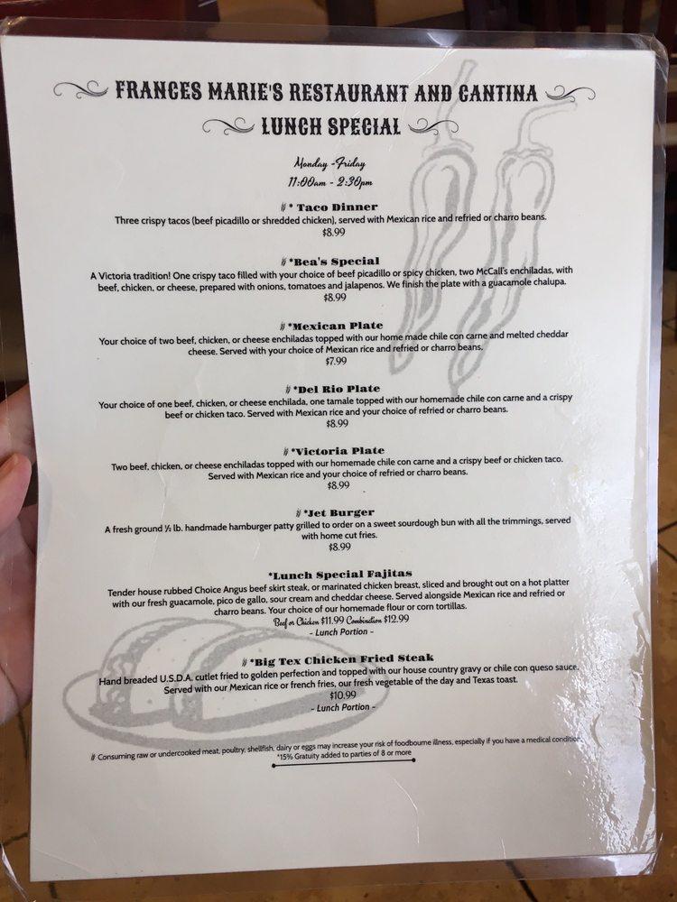 Carta de Frances Marie's Restaurant & Cantina, Victoria