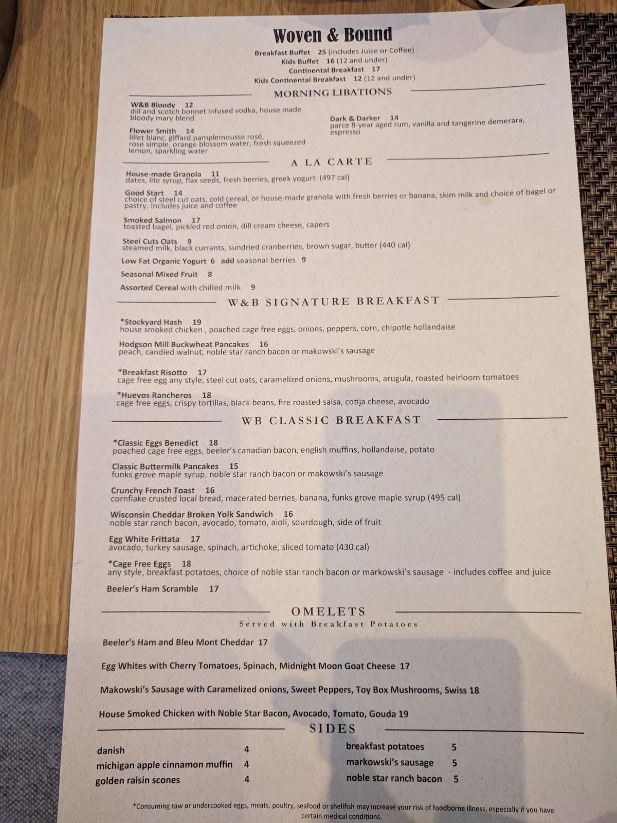 Menu at Woven + Bound Restaurant, Chicago