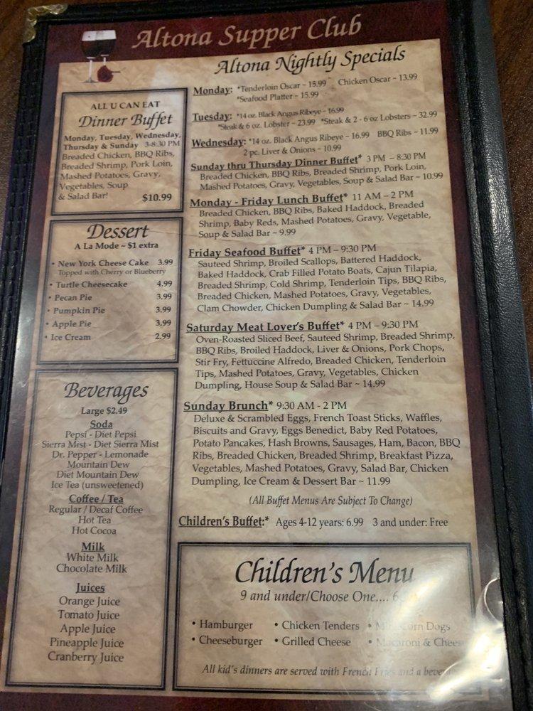 Menu at Altona Supper Club, New Holstein