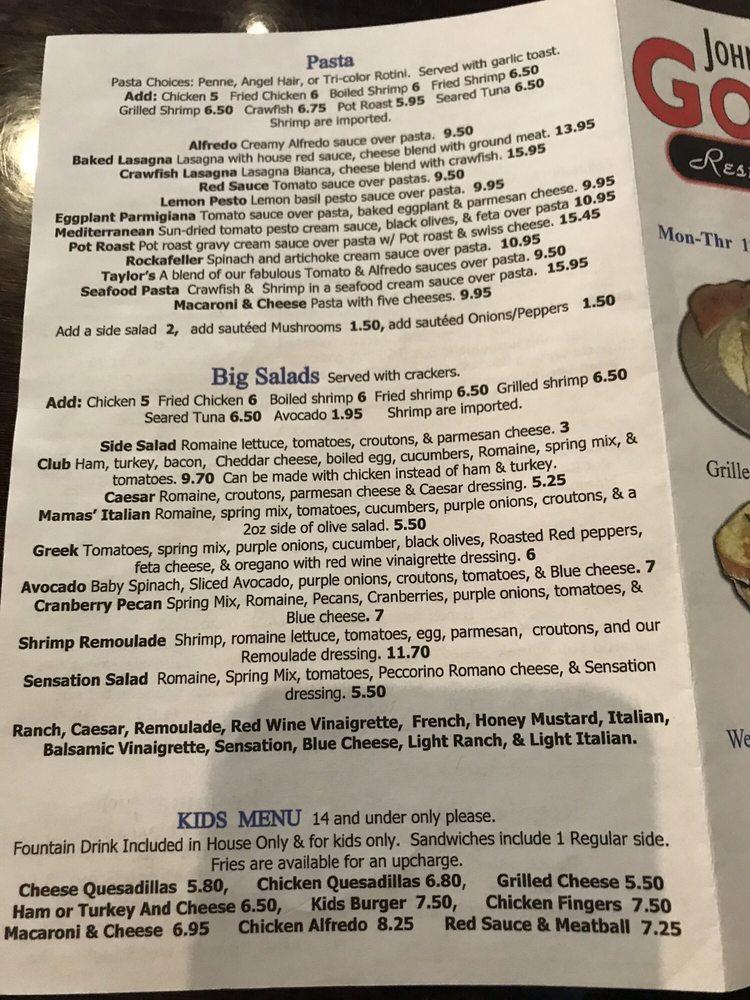 Menu at John Michael's Good Eats restaurant, Geismar