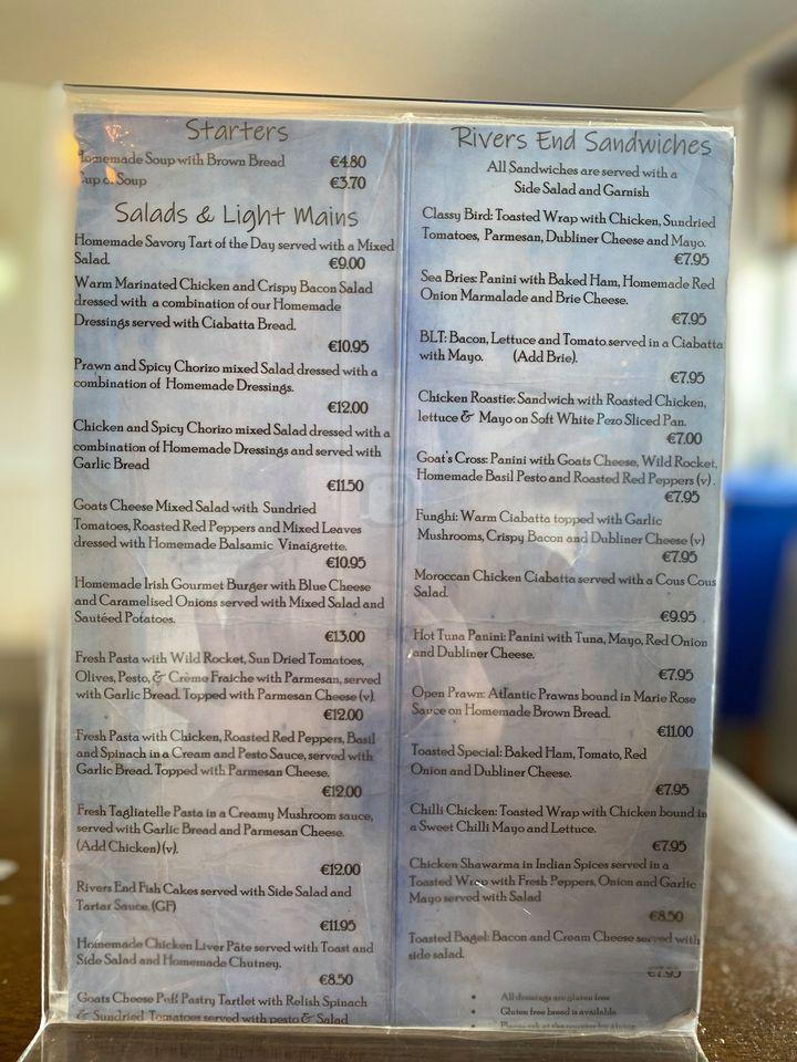 Menu at Rivers End Cafe, Crosshaven