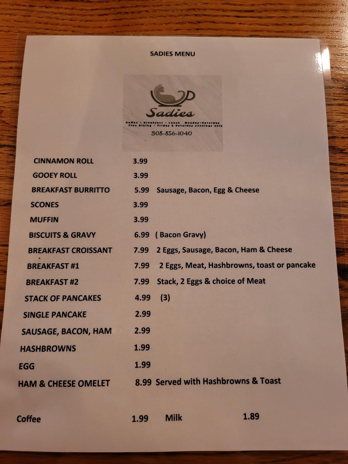 Menu at SADIES restaurant, Elm Creek