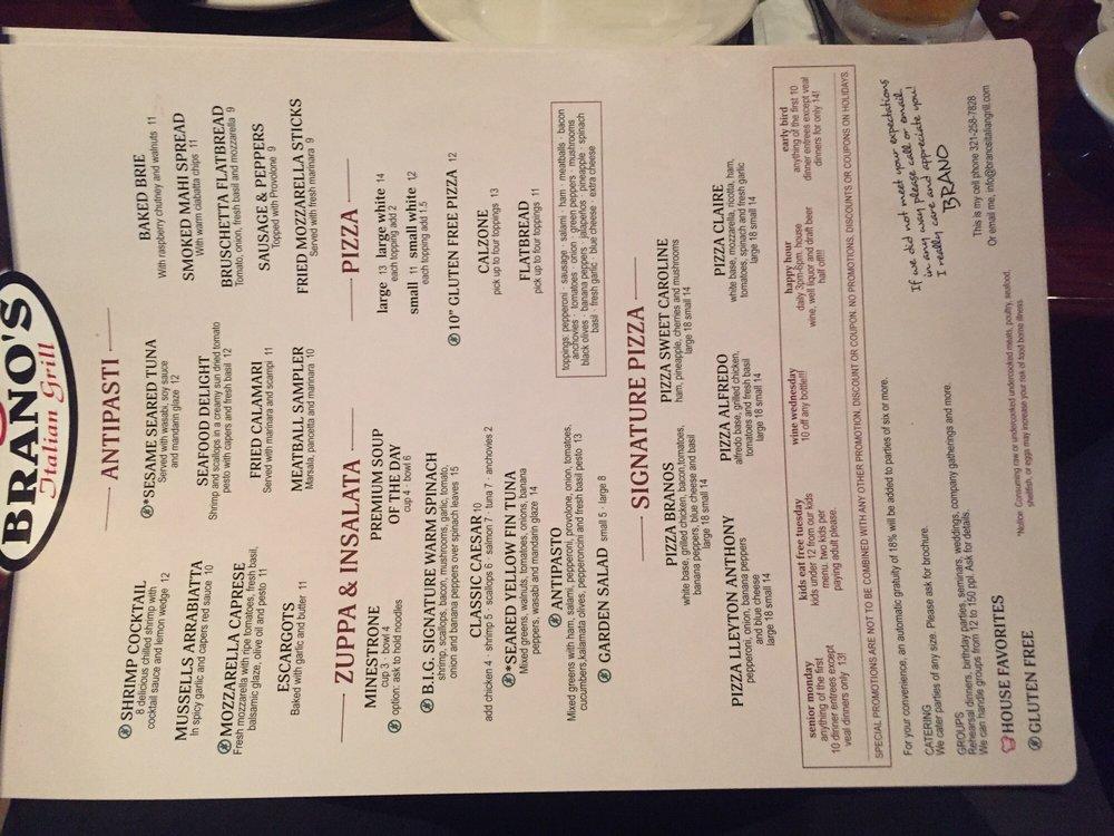 Menu at Branos Italian Grill pizzeria, Cocoa Beach