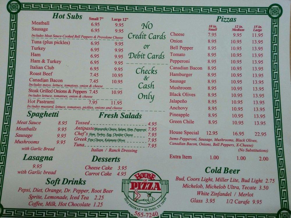 Menu at House of Pizza pizzeria, El Paso, N Piedras St