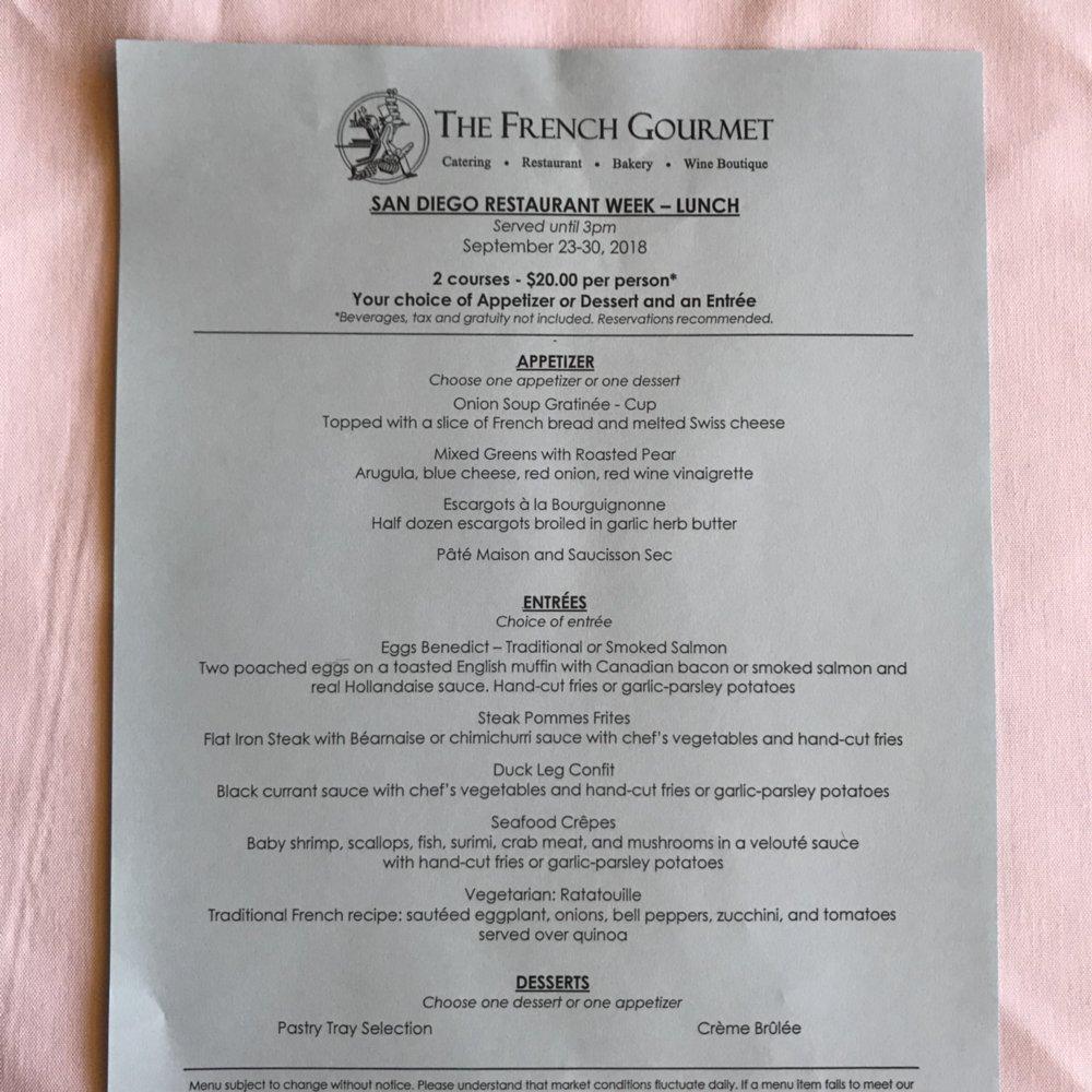 Menu at The French Gourmet restaurant, San Diego