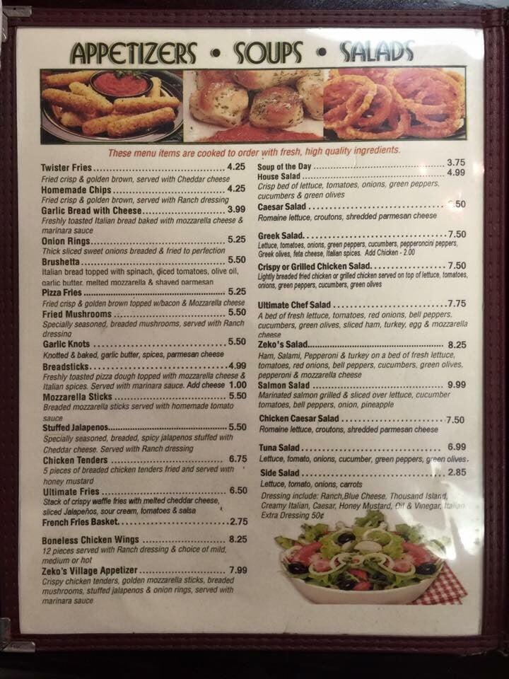Menu at Zeko's Village restaurant, Burkemont Ave C