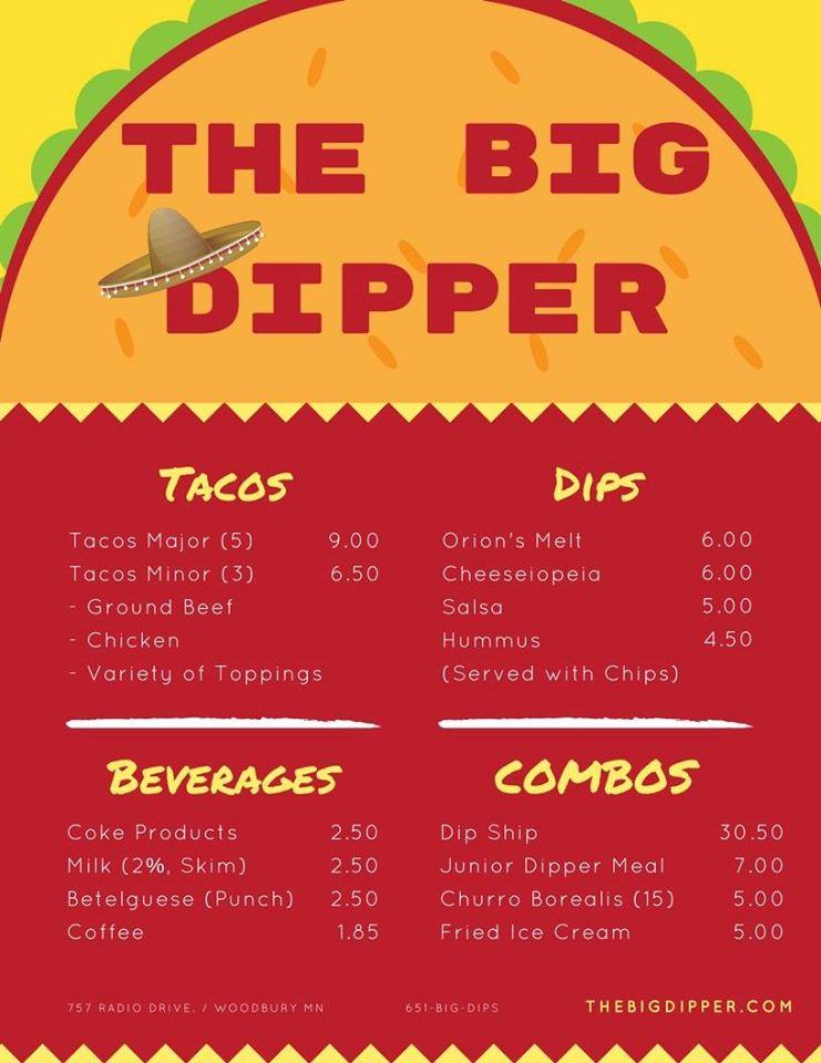 Menu at The Big Dipper restaurant, Woodbury