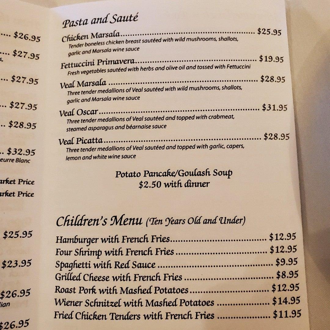 Menu at Chef Klaus' Bier Stube restaurant, Frankfort