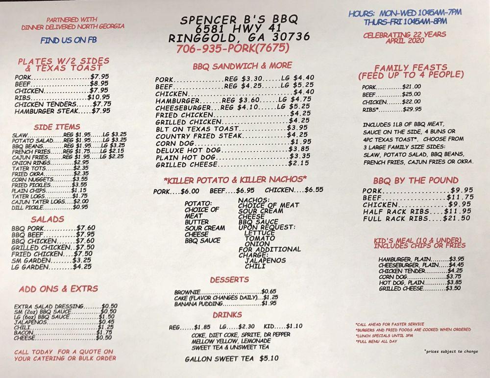 Menu At Spencer B's BBQ, Ringgold, US Hwy 41