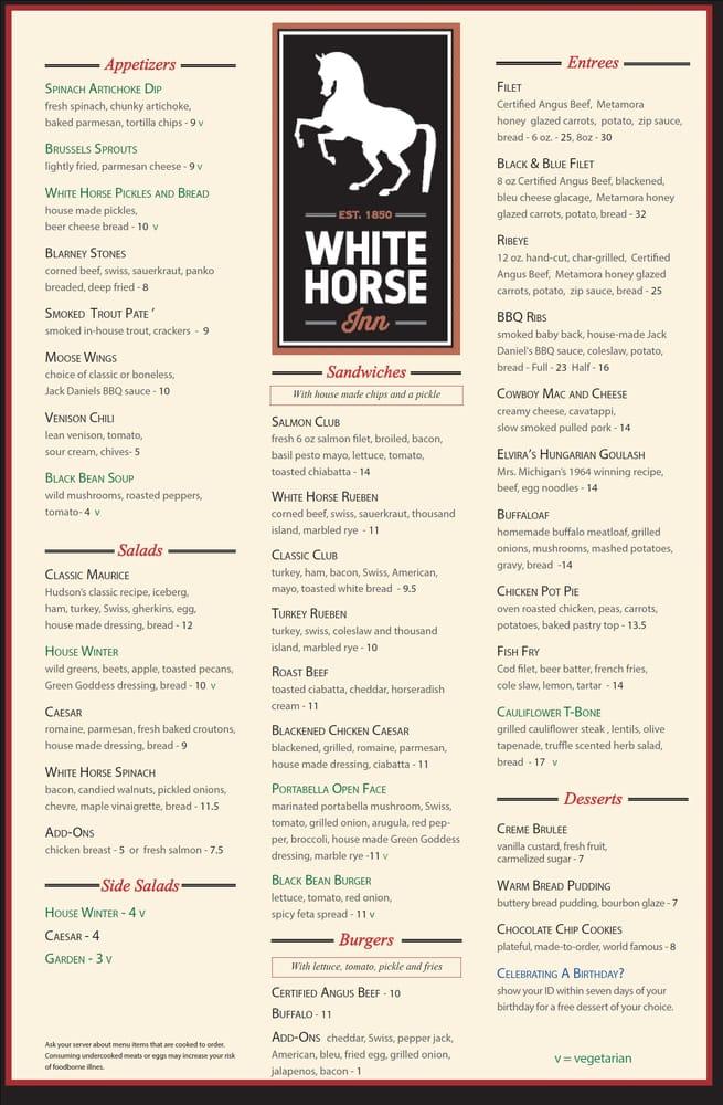 Menu at White Horse Inn restaurant, Metamora