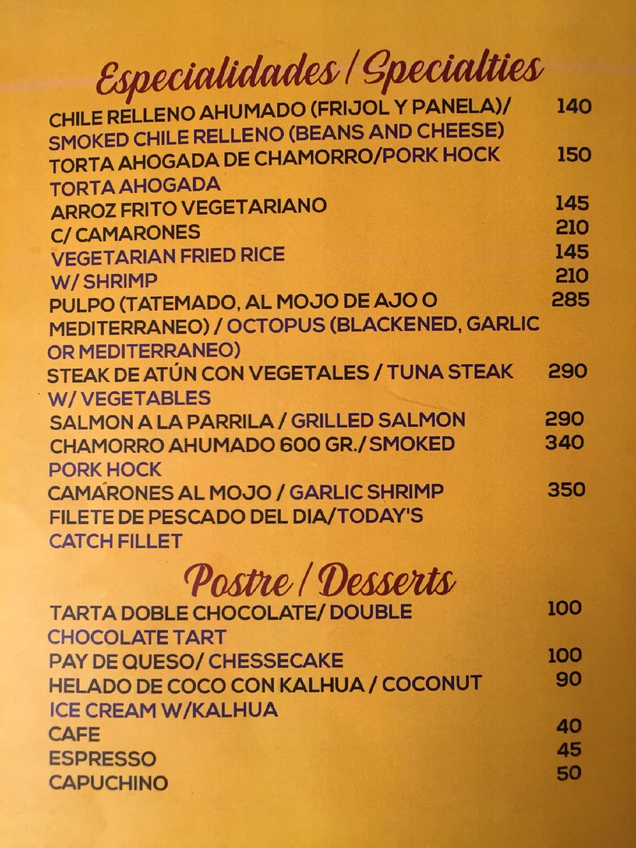 Menu at La Sirena Gorda pub & bar, San Miguel de Allende