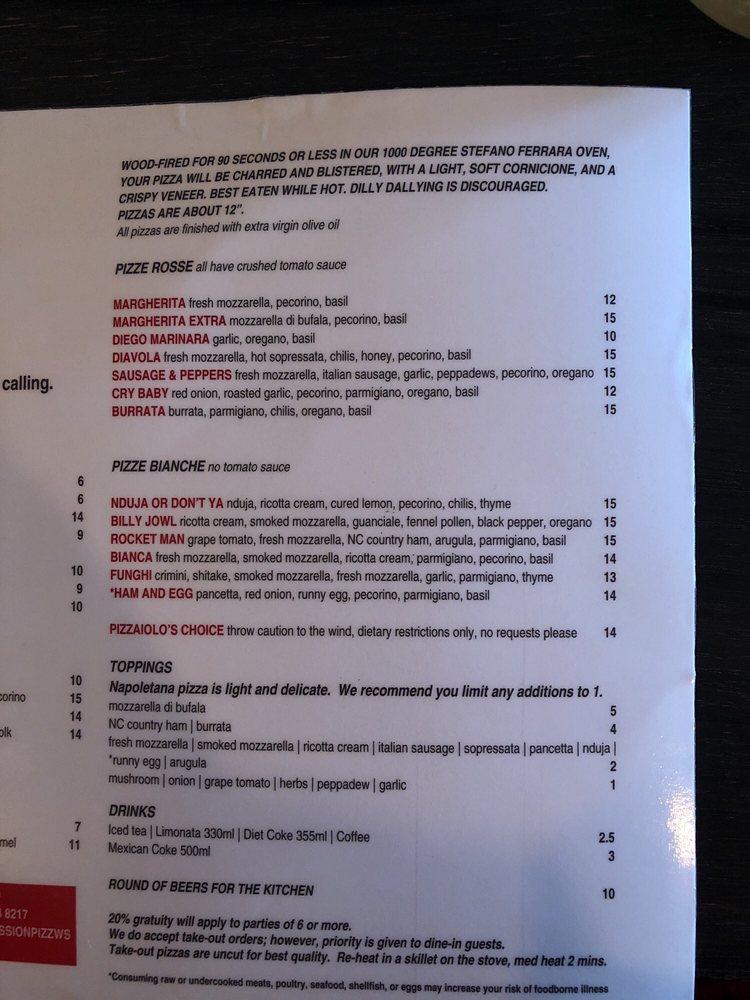 Menu at Mission Pizza Napoletana pizzeria, WinstonSalem