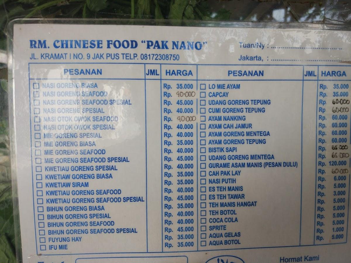 Menu at Chinese Food Pak Nano restaurant, Central Jakarta