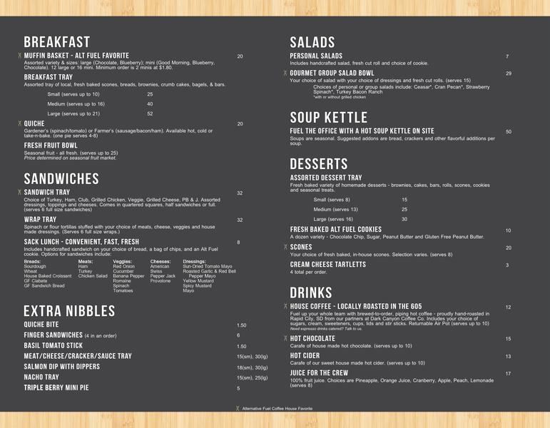 Menu at Alternative Fuel Coffee House, Rapid City