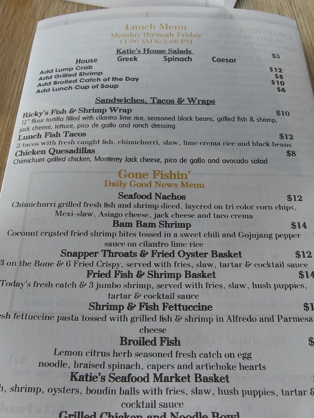 Menu at Katie's Seafood House restaurant, Galveston