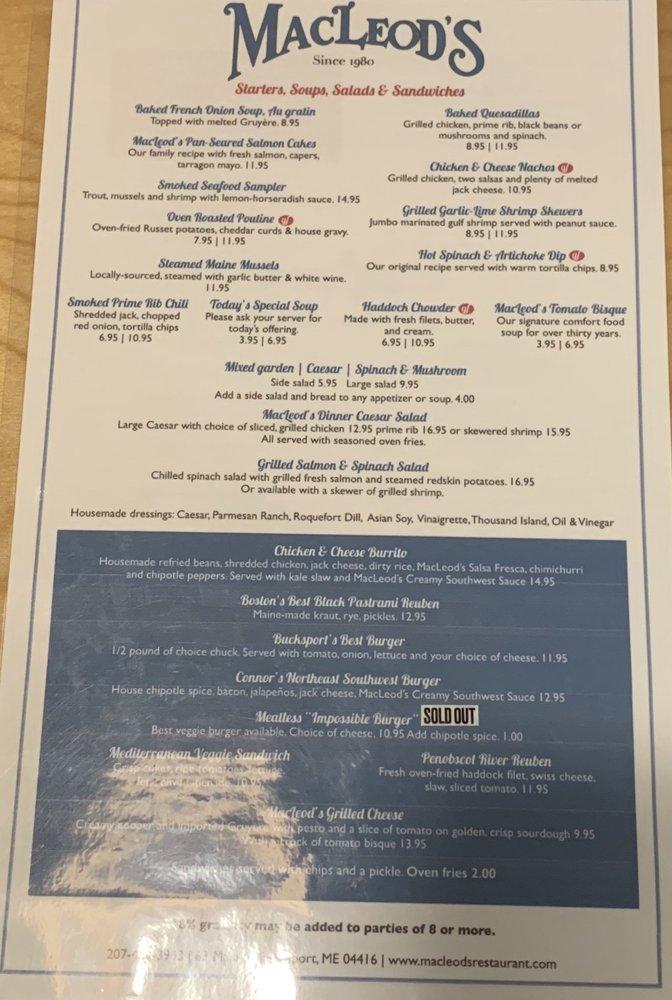 Menu at MacLeod's Restaurant, Bucksport