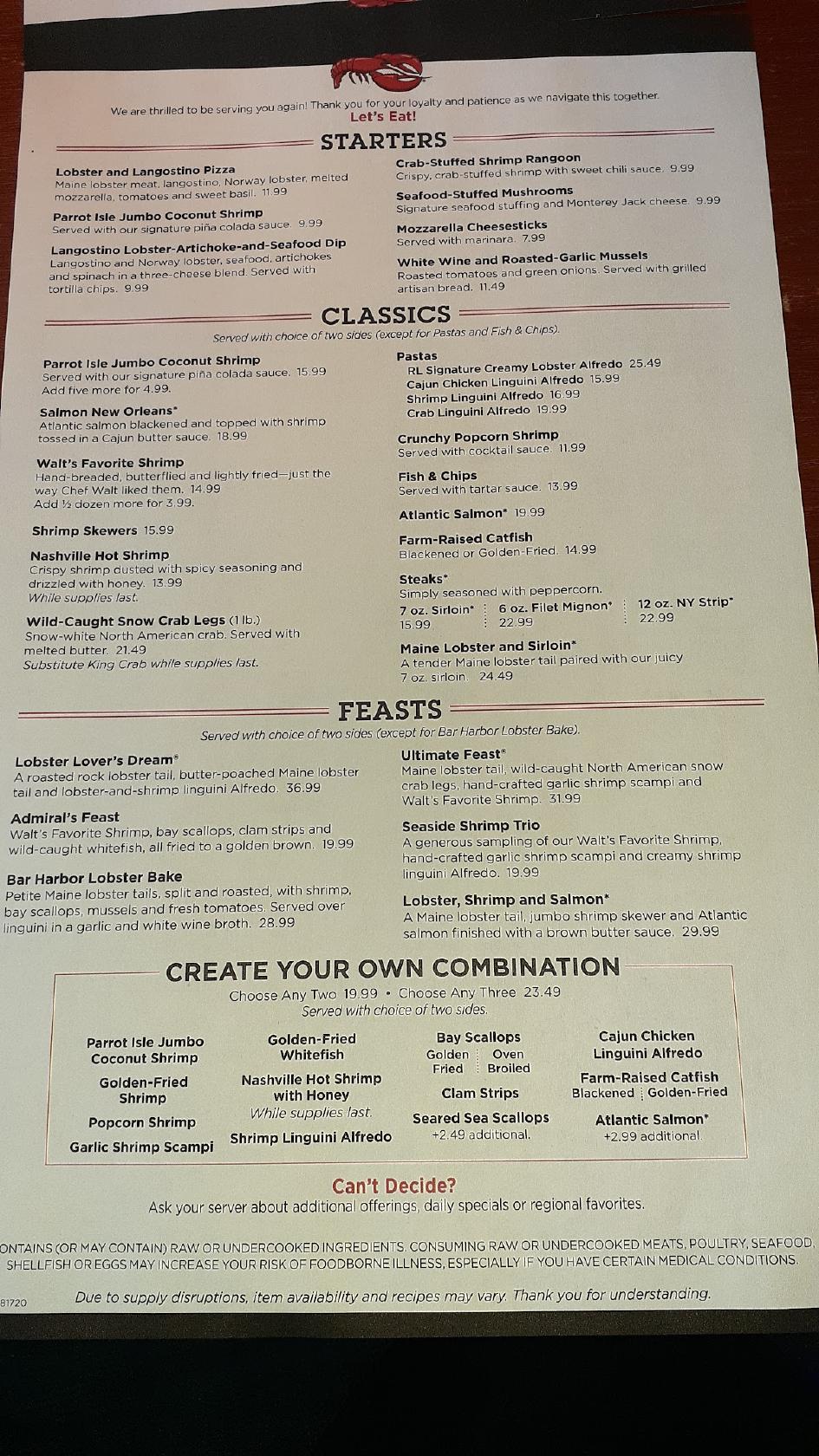 Menu at Red Lobster restaurant, Boise, 550 N Milwaukee St