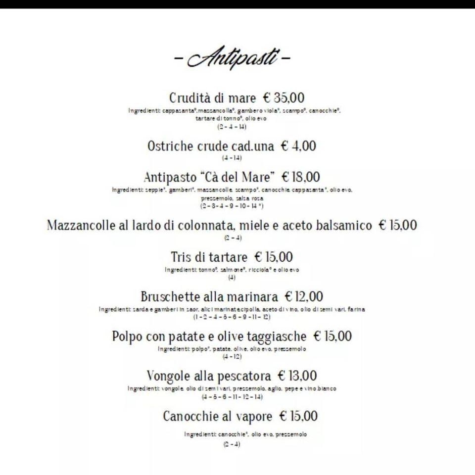 Menu at Cà del Mare restaurant, Malalbergo