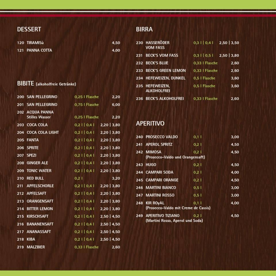 Menu at Tiziano Ristorante & Pizzeria, Bremen