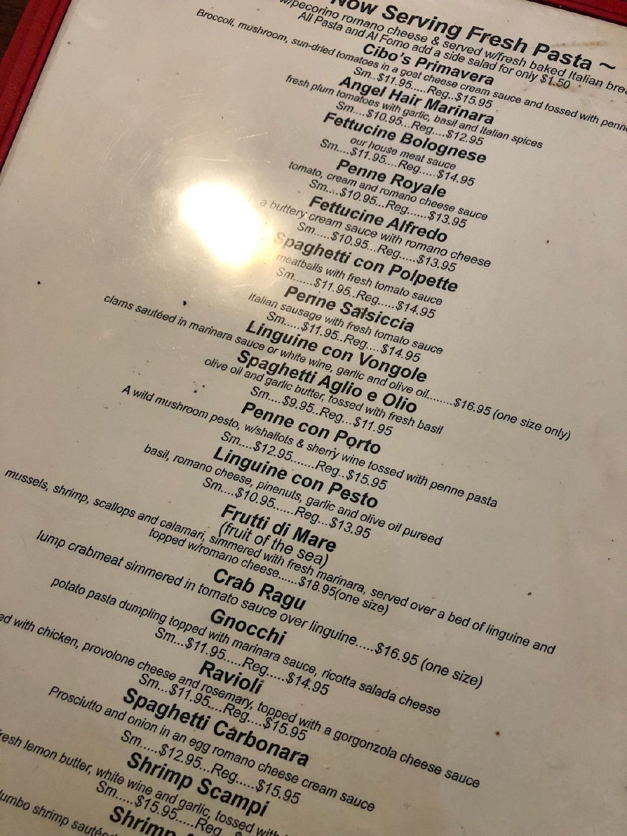 Menu at Cafe Cibo, Saint Petersburg, 4th St N