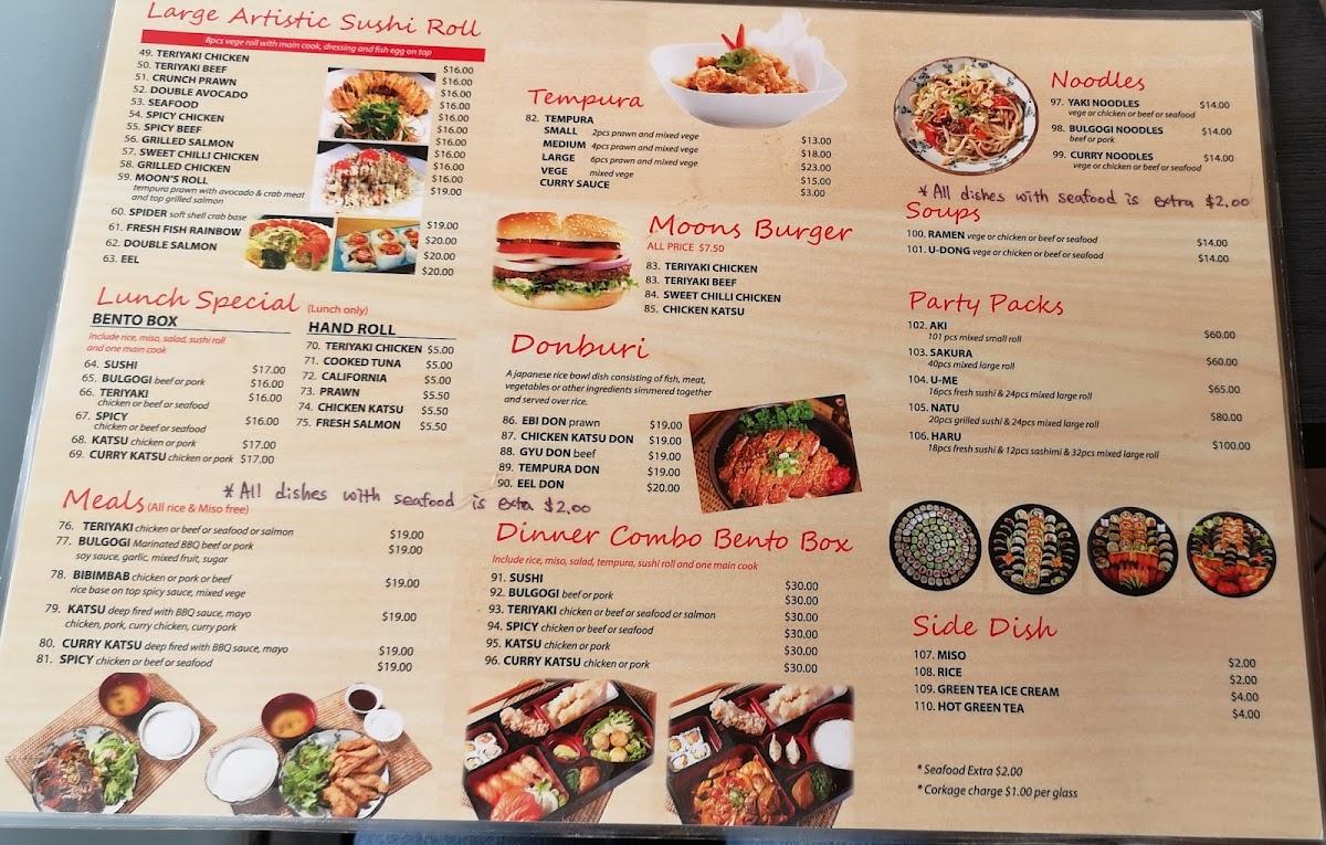 Menu at Moon's Sushi restaurant, Nowra