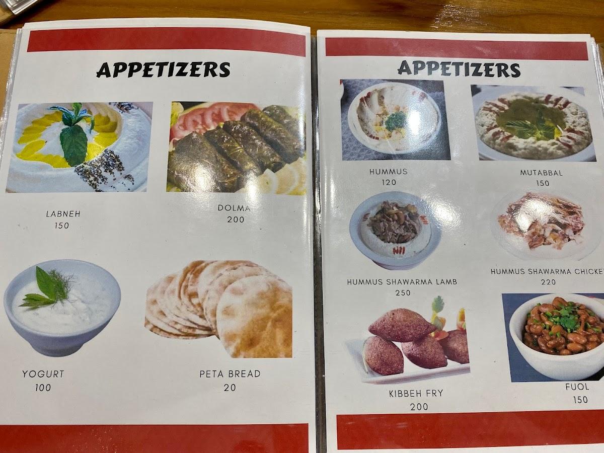 Menu at Royal Hummus restaurant, Bangkok