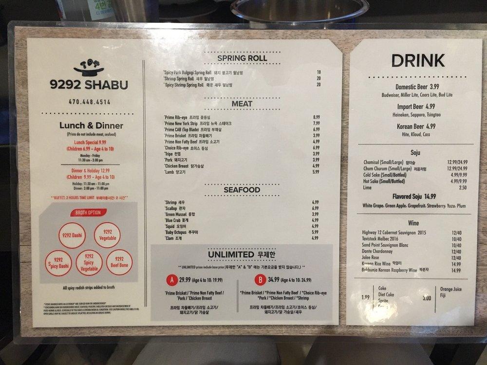 Menu at 9292 Shabu Healthy Korean restaurant, hot pot Duluth, GA