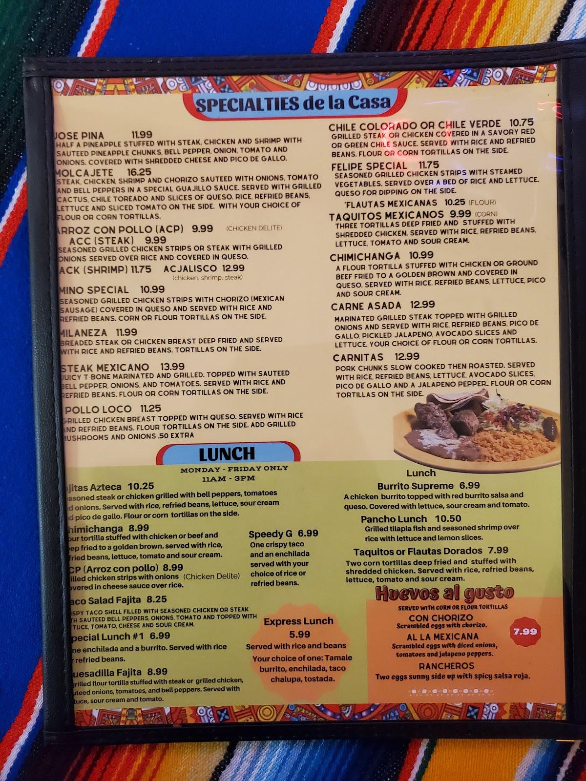 Menu at El Rey Azteca restaurant, Carthage